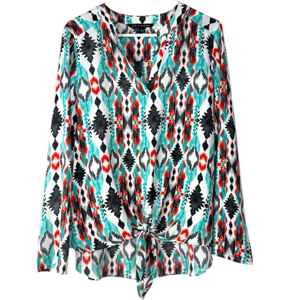 Zac & Rachel XL Patterned V-Neck Tie Front Blouse Long Sleeve Boho Top